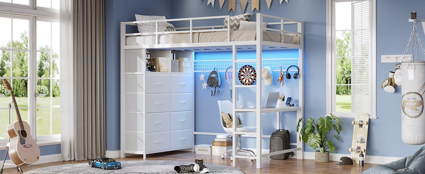 Sikaic Twin Size Loft Bed with Desk and 8 Storage Drawers Metal Loft Bed with LED Lights & Charging Sation, Storage Shelves, 13.1" H Safety Guard & Ladder Bedroom Bedframe Bedroom Furniture