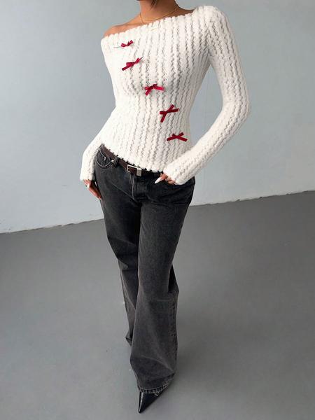 Valentine's Day Women's Bow Decor Asymmetrical Neck Tee, Cute Long Sleeve Top for Fall & Winter, Women's Clothing for Daily Wear