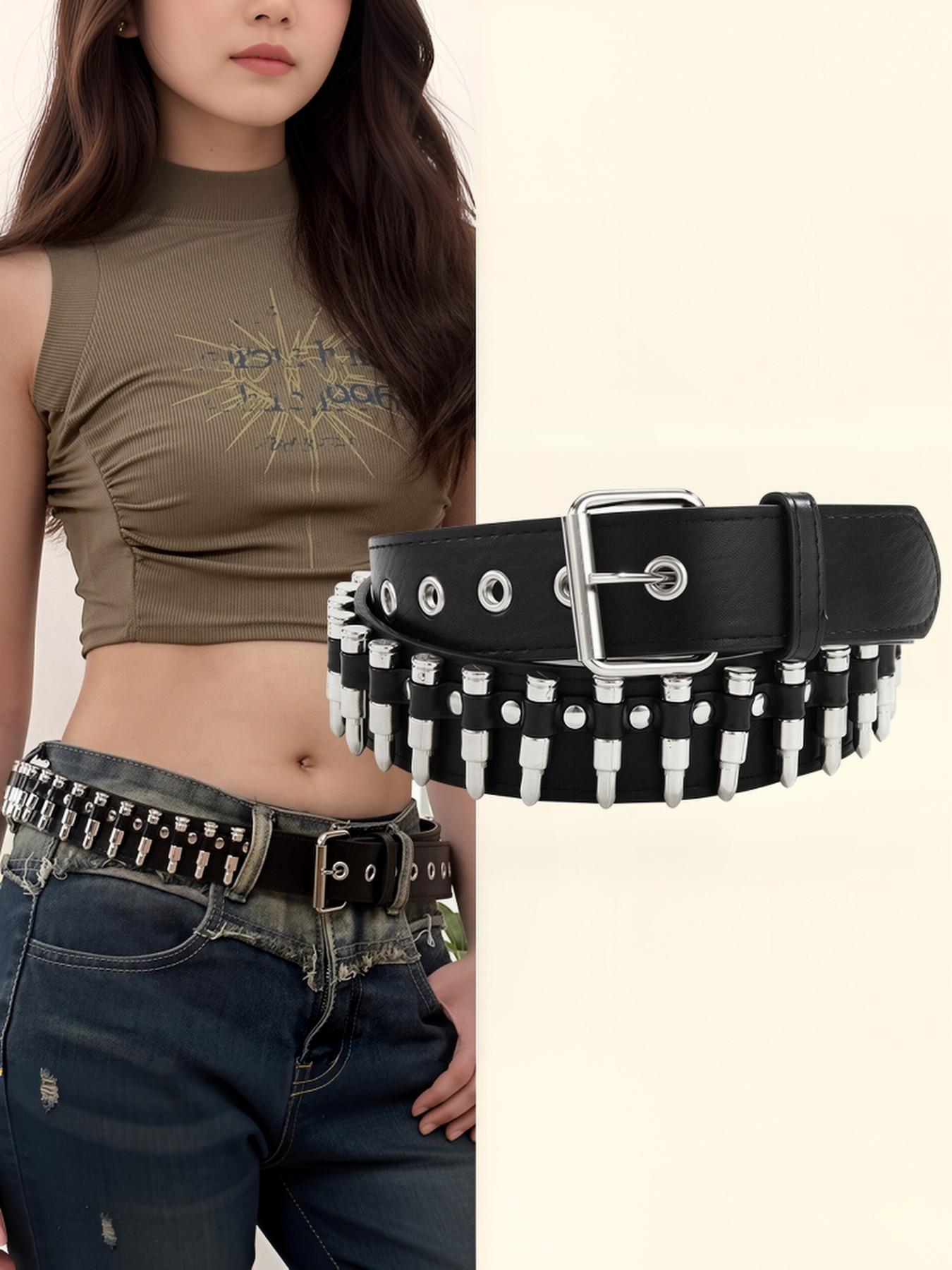 Punk Rock Bullet Head PU Belt, Unisex Rivet Decor, Streetwear & Music Festival Fashion, All-Season Plain Style, Made in China, Unisex Statement Belt, Rivet Decorated Belt