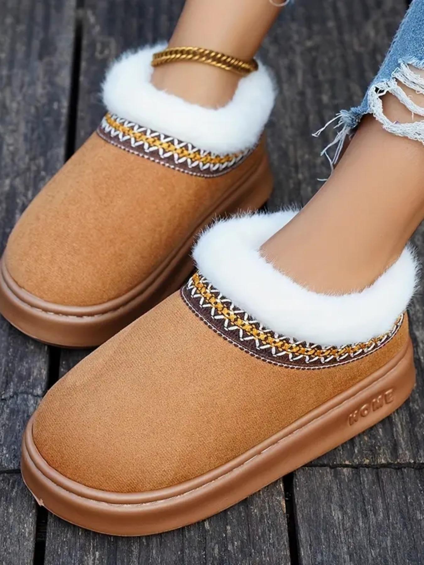 Women’s Slip-On Winter House Slippers Boots – Fluffy Snow Boots Thick Plush Lined Snow Slippers with Embroidered Ethnic Style Trim, Soft Warm Upper and Cushioned Insole, EVA Sole for Indoor & Outdoor Use, Stylish Classic Design for Home, Office & Gift