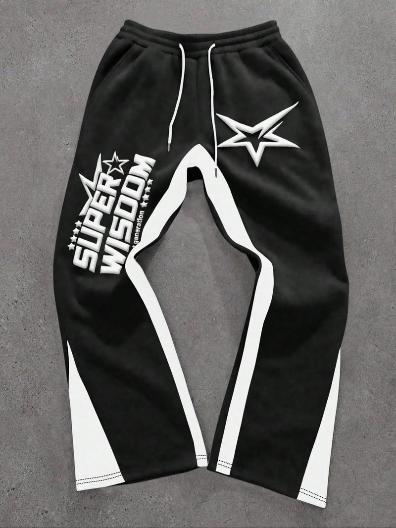 Men's Colorblock Letter & Star Print Sweatpants, Casual Comfy Straight-leg Pants for Daily Wear, Men's Trousers for All Seasons, Athleisure Style Bottoms