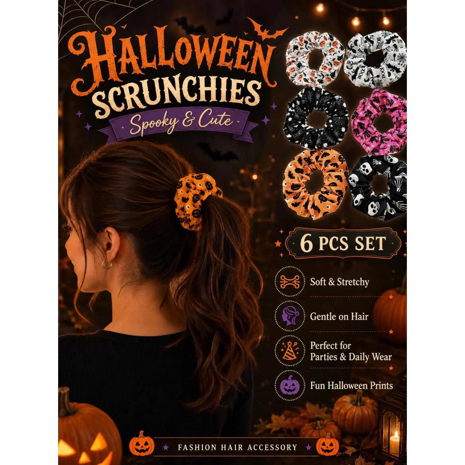 6 Pack Halloween Scrunchies Set for Women, 6pcs Cute Hair Ties with Spooky Pumpkin Bat Skull Prints, Soft Stretchy Hair Accessories for Girls, Fall Fashion Hair Bands for Halloween Party, Daily Hairstyles and Gifts