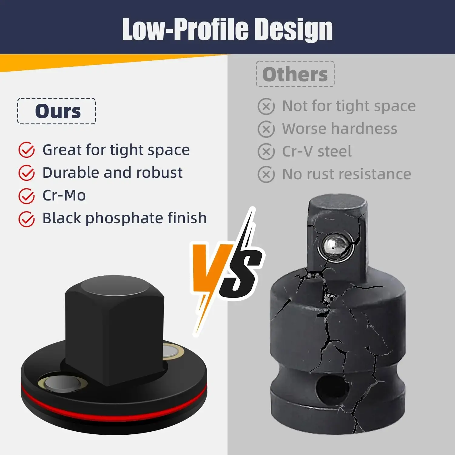 Low Profile Impact Socket Adapter Set, Stubby Drive Ratchet Adapters, 1/4" to 3/8", 3/8" to 1/2", 1/2" to 3/4", 3/4" to 1", Compact Tools for Tight Spaces