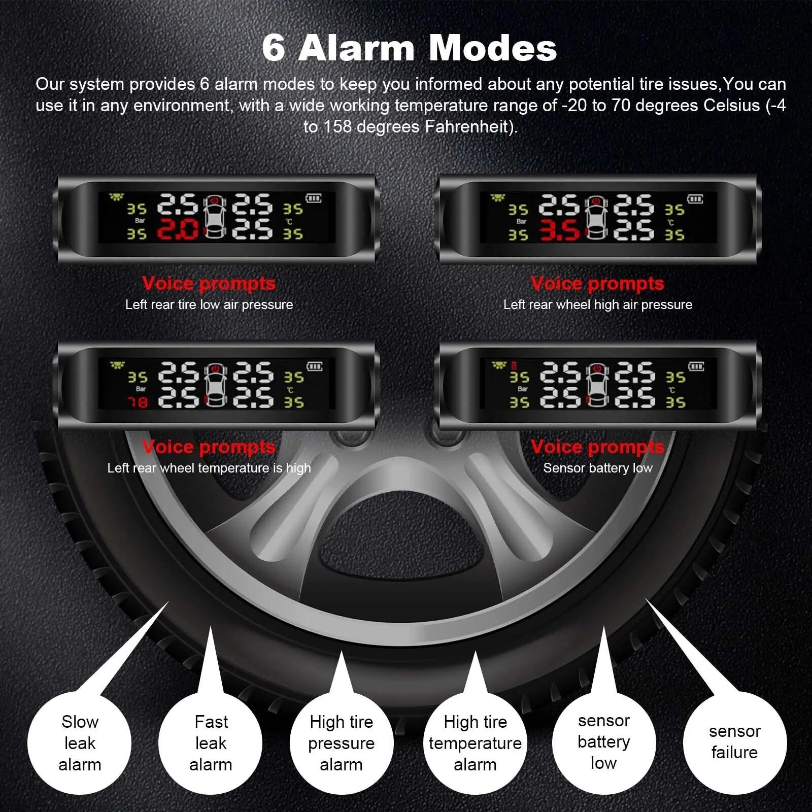 Solar Powered Car Tire Pressure Monitoring System (TPMS) - Digital LCD Display Safety Warning Kit with 4 External Sensors, Universal Auto Tire Diagnostic Tool