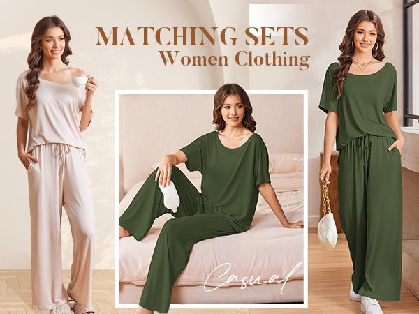 HOTOUCH Lounge Sets for Women Casual Short Sleeve Pullover Tops Pocketed Comfy Wide Leg Pants 2 piece sets 2025 Summer Fashion Outdoorfun Summertok