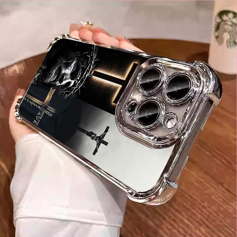 Jesus Clear Protective Four Comers Air Cushion Anti-drop CellPhone Case Clear BracketPhone Case for iPhone 16 15 14 13 12 Pro Max 15 14 Plus Four Corners Cases #IPYS8