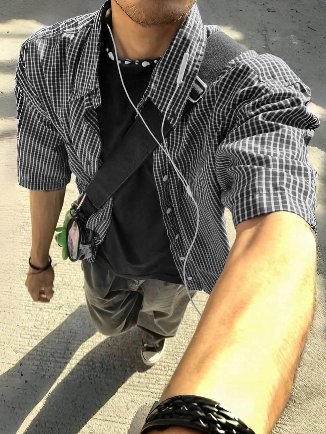 Men's Summer Plaid Short Sleeve Shirt, Single Button Casual Fashion Fitted Vintage Style, Trendy Street Fashion, Outdoor Wear, Fresh Minimalist Design