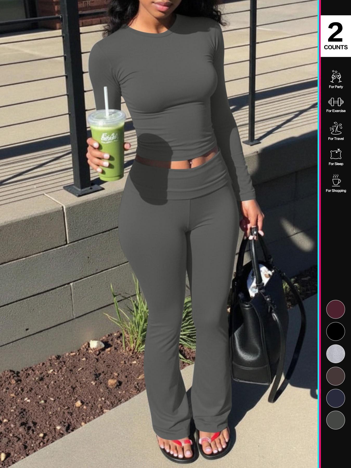 Women's 2 Piece, Foldover Flare Pants & Long Sleeve Crew Neck T-Shirt, Fitted Pajama Sets, Casual Comfortable Sleepwear