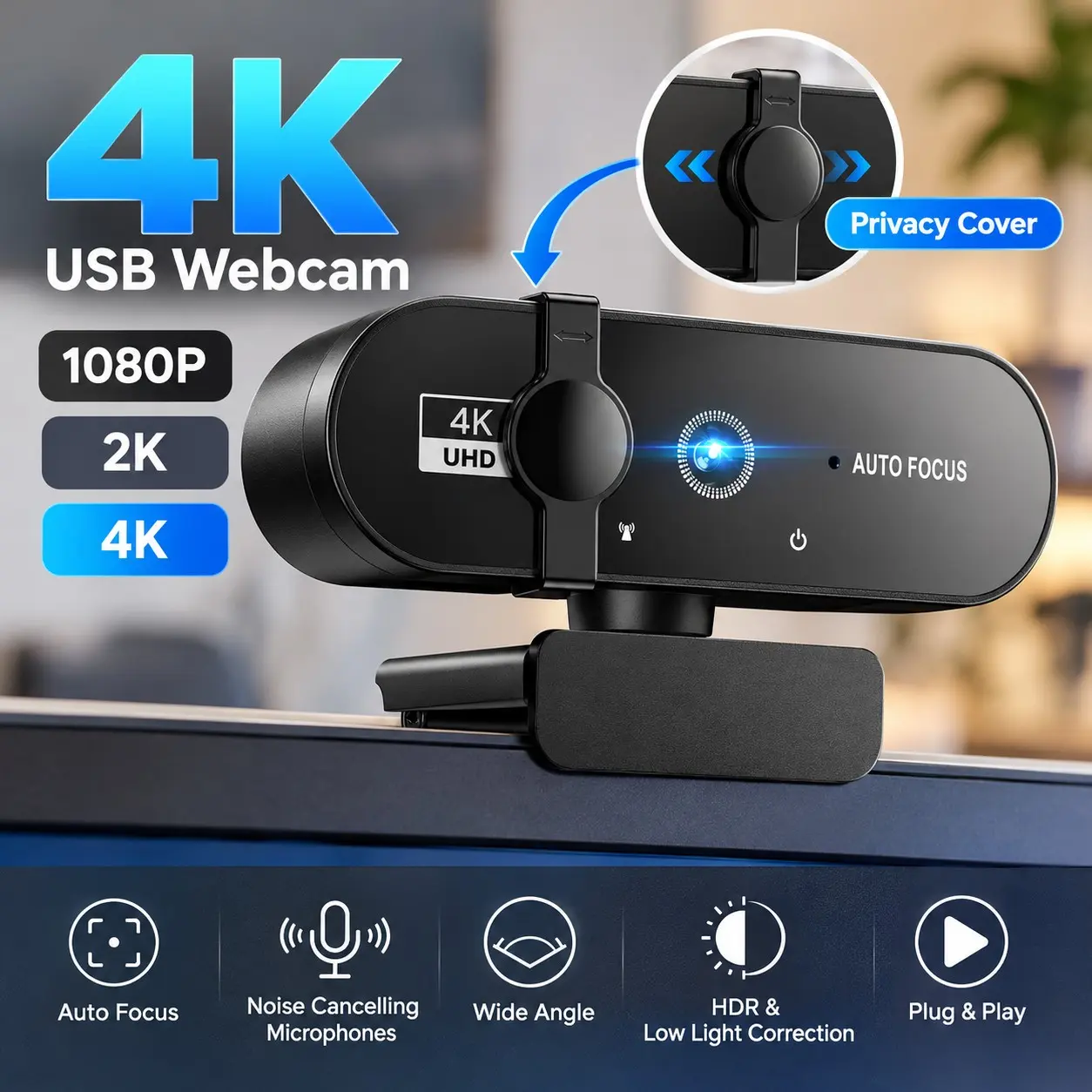 USB Webcam for PC & Laptop, 1080P/2K/4K Resolution Options, Autofocus Computer Camera with Noise Cancelling Microphones, Privacy Cover, Wide Angle Lens, HDR & Low Light Correction, Plug and Play for Video Calls, Gaming & Live Streaming, USB Wired Webcam