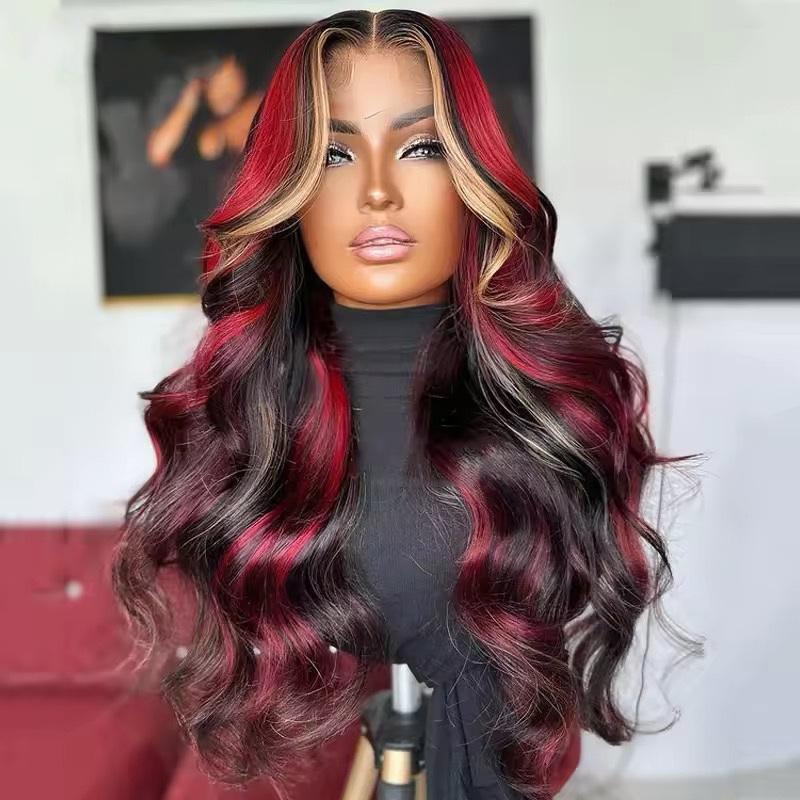 Body Wave Black Red Blonde Highlights Human Hair Wig  Transparent Lace Frontal Wigs Pre Plucked with Baby Hair 180% Density Blonde Red Highlights Wig 13X4 Pre Plucked Lace Front Wig