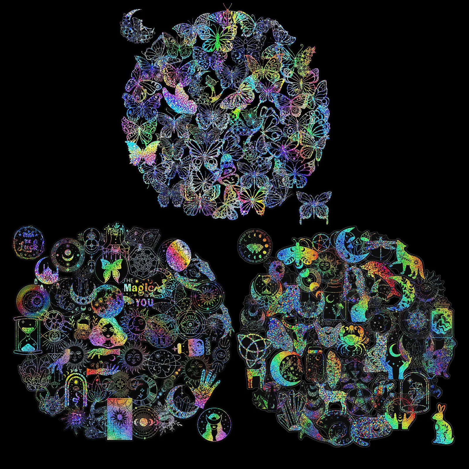 300Pcs Holographic Stickers, Waterproof Colorful Butterfly Resin Transparent Decoration Stickers for DIY Scrapbook Journal Laptop Water Bottles