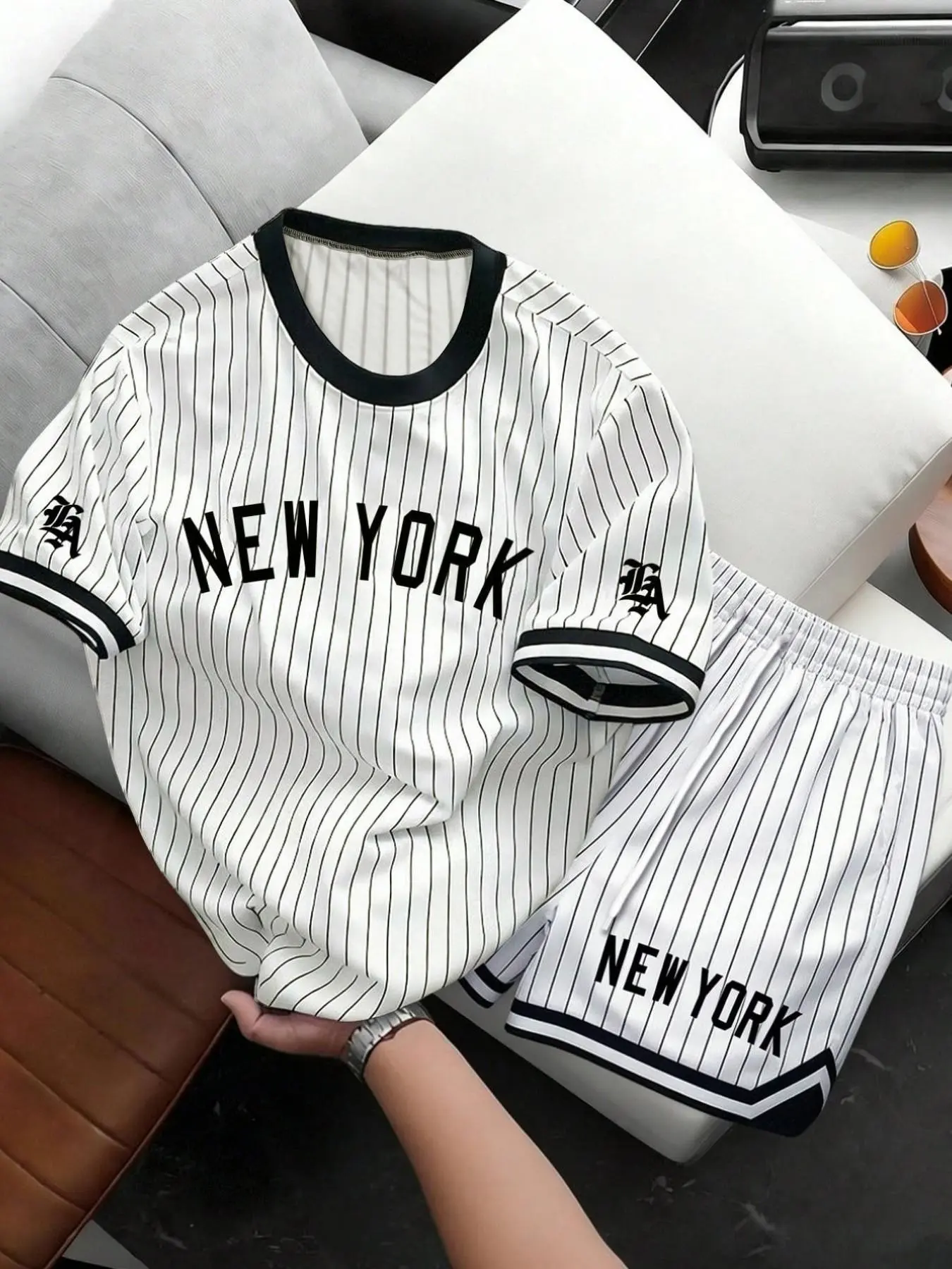 Men's Summer Striped Baseball T-Shirt and Drawstring Shorts Set, Vintage Street Style Round Neck Short Sleeve, Comfortable Casual Sport Wear Menswear Clothes