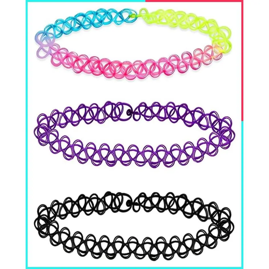 3PCS Tattoo Choker Necklaces Set - Black, Rainbow, Purple - 90s Gothic Y2K Stretchy Adjustable Elastic Collar Jewelry Gift for Women