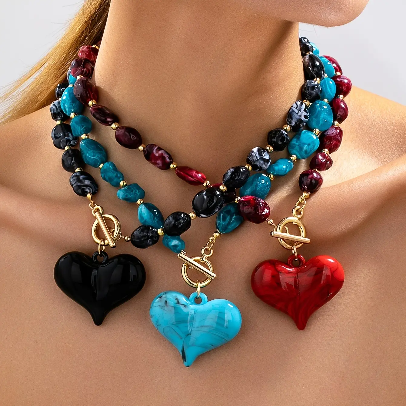 3Pcs Resin Beaded Gold Toggle Clasp Chunky Heart Necklace Set for Women Y2K Marbled Puffy Pendant Collar Chains Layering Statement Jewelry Daily Wear Birthday Gift for Girls