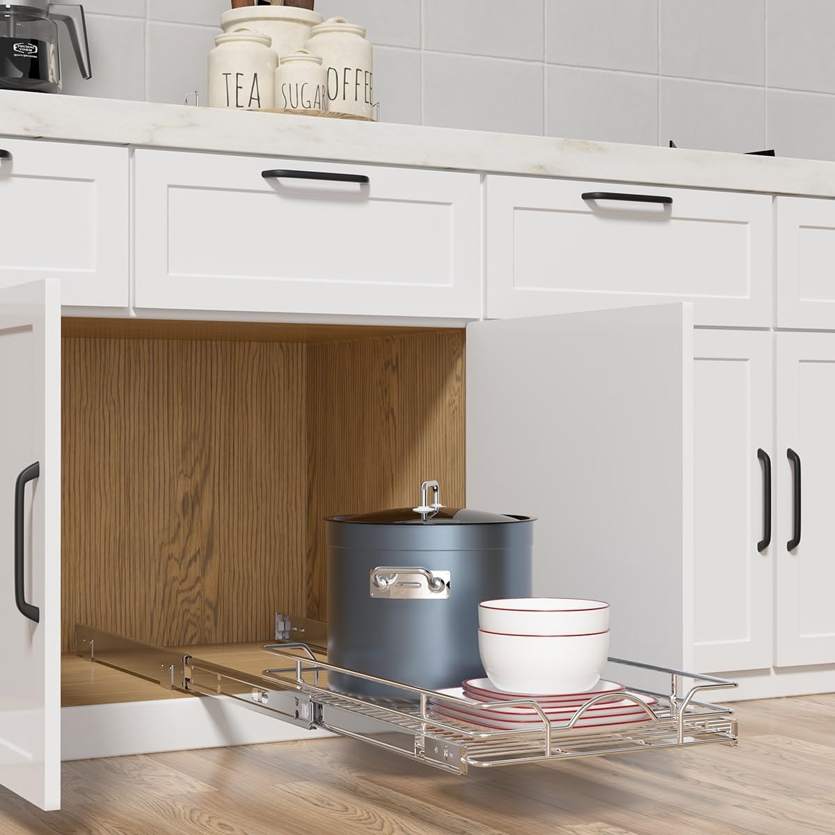 Pull Out Cabinet Organizer 2 Pack (12" W x 21" D), Pull out Shelves 1 Tier, Cabinet Slide Out Shelves for Base Cabinet Organization in Kitchen Bathroom Pantry, Bottom Mount, Chrome Finish