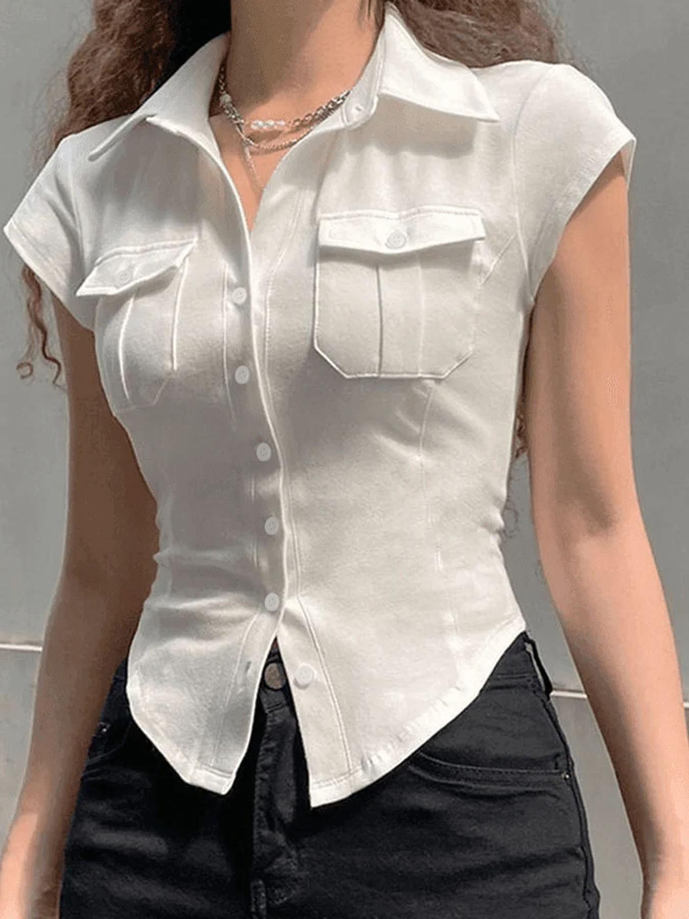 Women's Vintage Fitted Cap Sleeve Button Up Blouse, Solid White Asymmetrical Hem Crop Shirt, Casual Office & Street Outfit