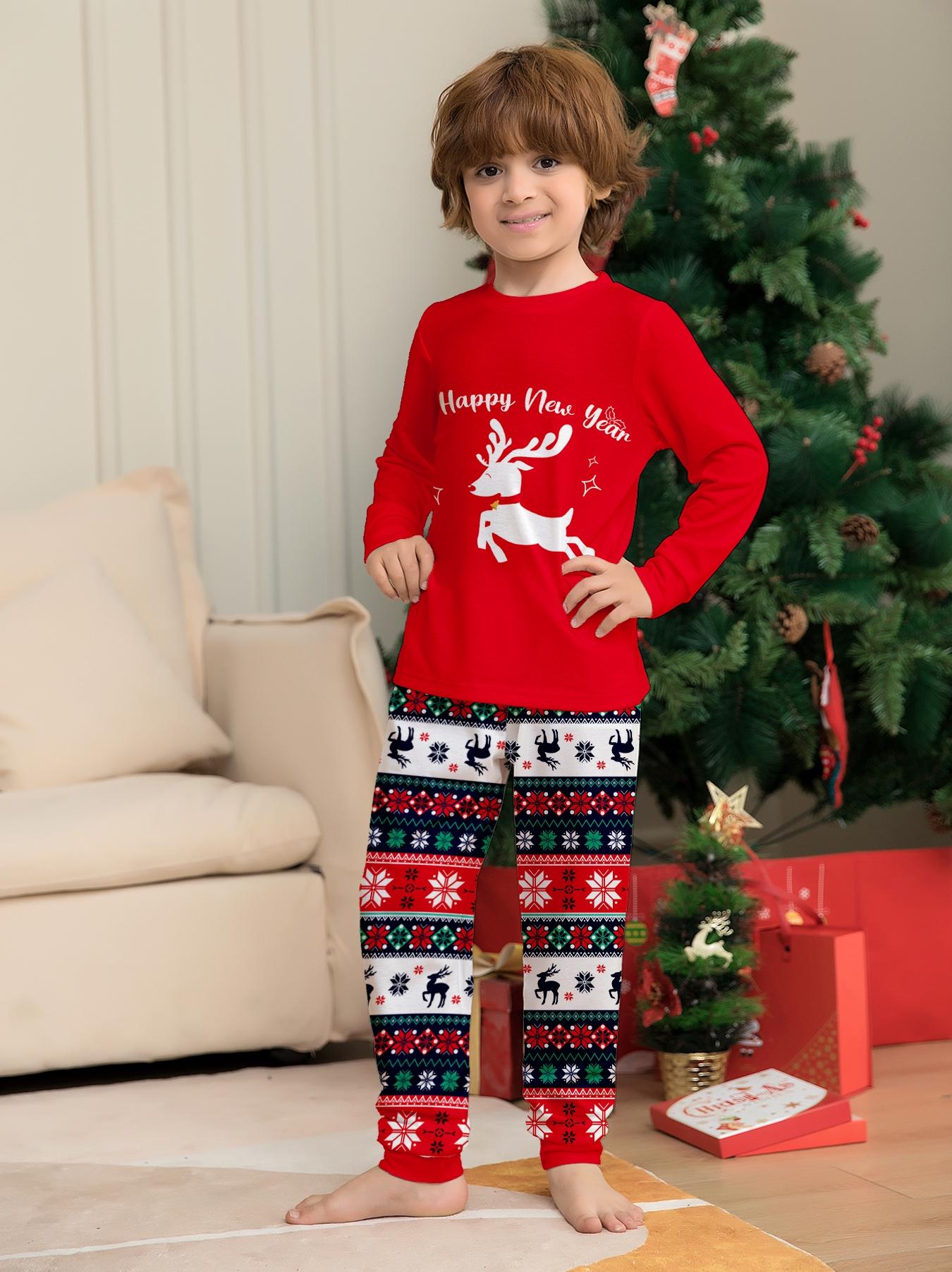 Christmas EIk Famly Matching Pajamas Set 4 Pcs Long Sleve Rd Xmas Printed Sofit Warm Loungeweas Holiday Family Sleepwear for Men Women Kids Chistmas Gif Outft