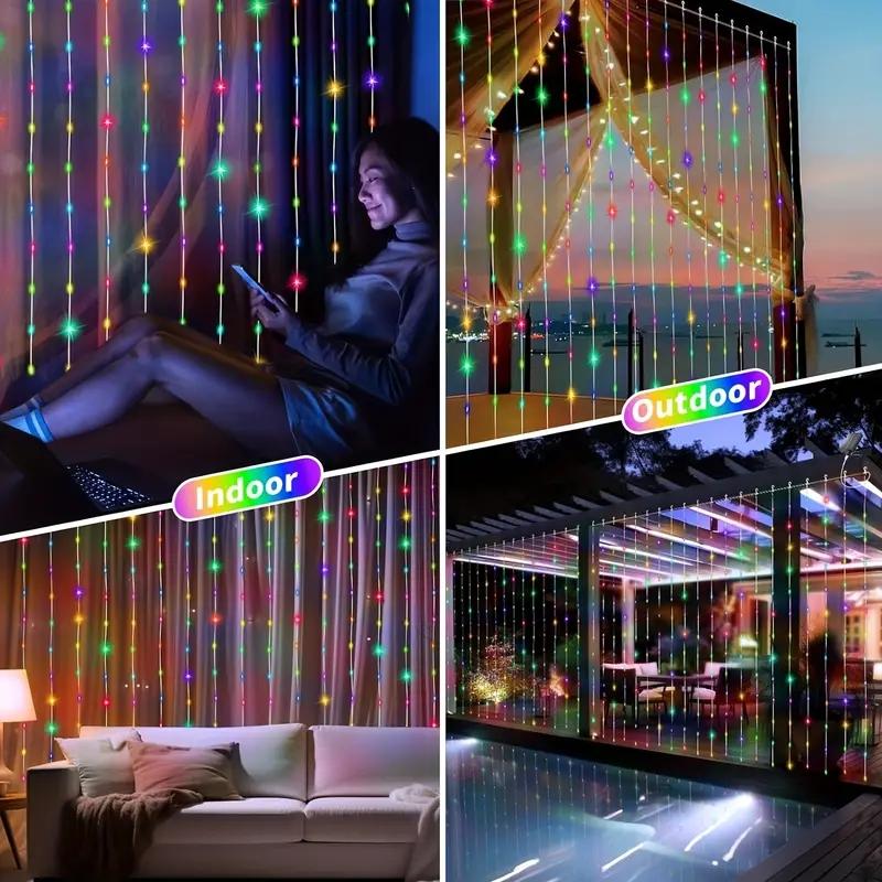 Solar Powered LED Curtain Light with Remote Control, 8 Light Modes Decorative String Light with Timer & Hook, Outdoor LED Decorative Light for Garden, Yard, Party, Wedding