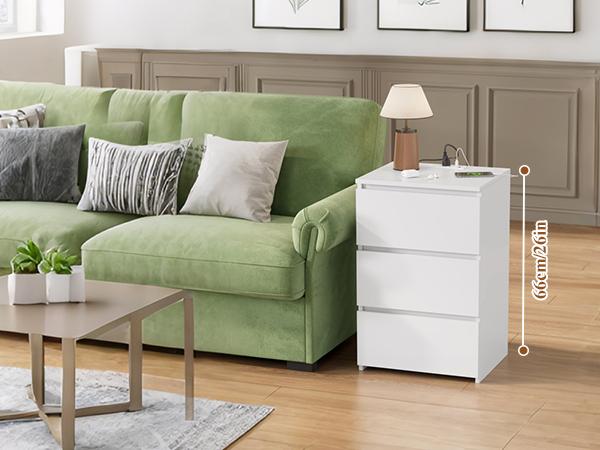 FOTOSOK Nightstand Set of 2, Nightstad with Charging Station, White Nightstand with 3 Drawers, Nightstand with USB Ports, Power Outlets, Silent Slides, Wooden End Side Table Bedside Table for Bedroom, 2 Pcs