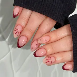 Valentine's Day Red French Press On Nails Short Almond 3D Bow Star Rhinestone Design Artificial Fake Nails 24Pcs For Women