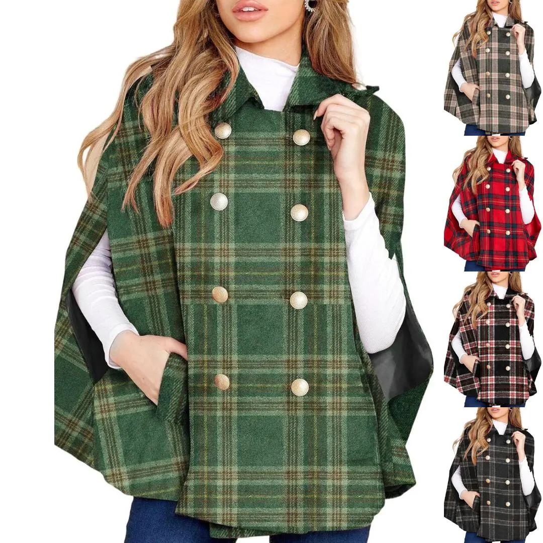 PiePieBuy Women's Plaid Double-Breasted Longsleeve Jacket - Button-Front Outerwear Cape Coat with Pockets, Womens Tops for Winter Shawl Cardigan Poncho, Jackets