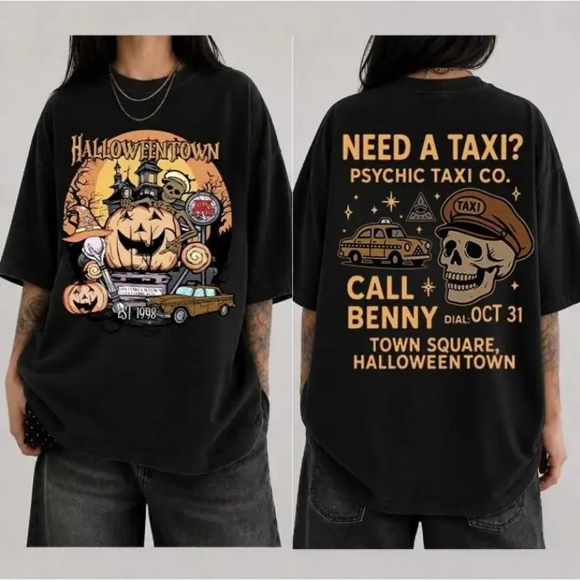 Halloween Town EST 1998 Skeleton Taxi DriverPrint  T-shirt,Double-sided Halloween T-shirt, Retro Halloweentown Shirt, HalloweentownUniversity Tees, Halloween Crewneck Gifts, Comfort Colors Men's T-shirt Women's T-shirt