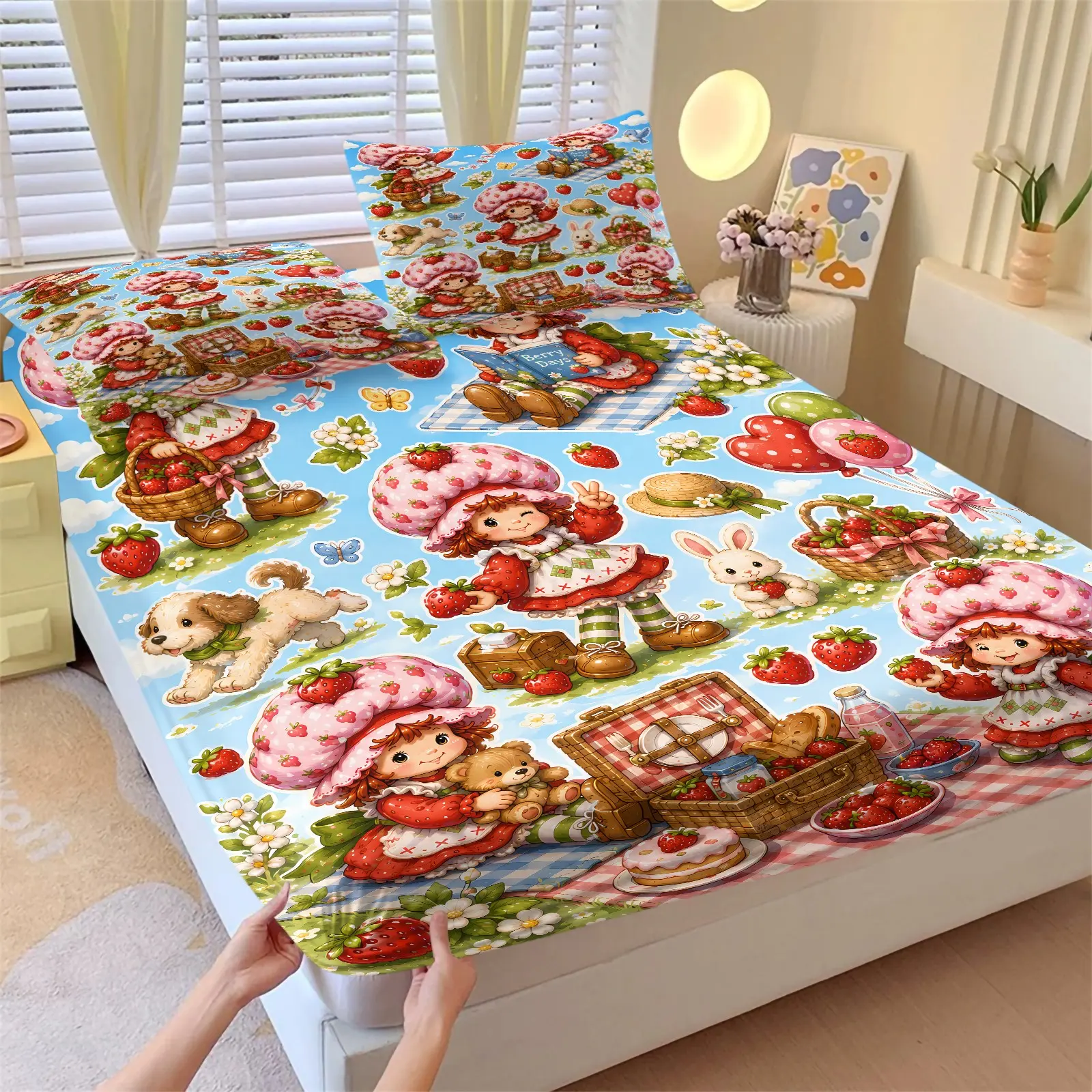 3‑Piece Retro Sweet Strawberry‑Hat Girl Summer Picnic Fitted Sheet Set & 2 Coreless Pillowcases, Whimsical Outdoor Picnic Print, Soft Breathable Fabric, Deep‑Pocket Non‑Slip, Decor for Girls, Dorm & Apartment, Bed Sheet
