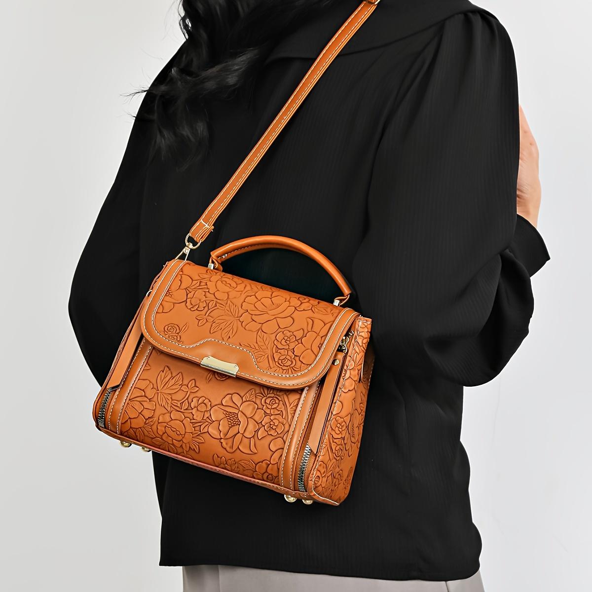 Ladies' Elegant Flower Embossed Handbag - Brown/Red/Black