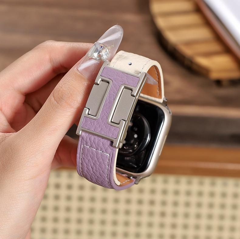 New H-Type Magnetic Buckle Lychee Pattern Leather Smart Watch Strap (38-49mm)