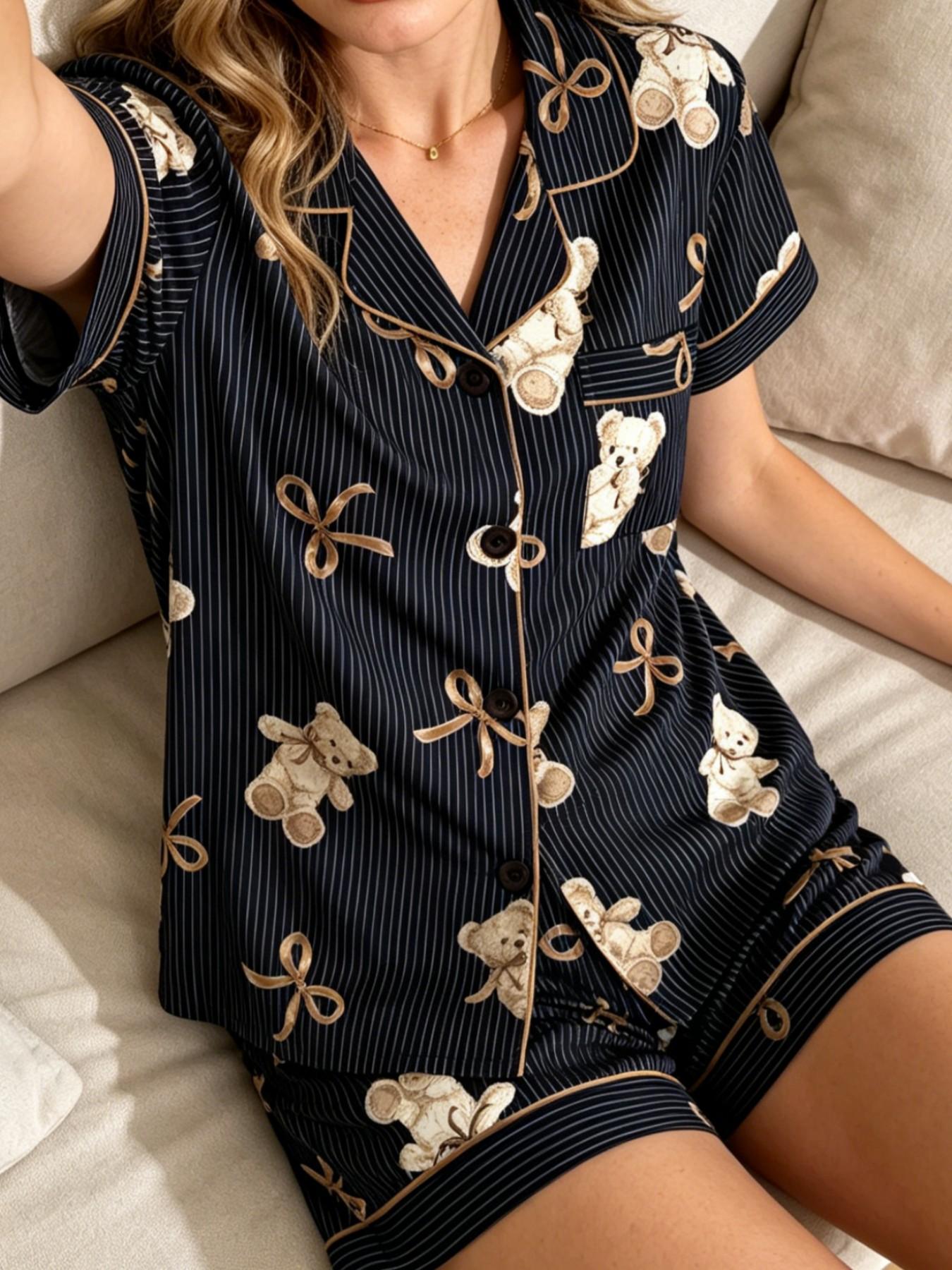 Women's Pajamas Set Vintage Preppy Aesthetic Old Money Soft Girly Teddy Bear Lover Cute Teddy Bear Bow Print Button Down Short Sleeve Silky Soft Relaxed Fit 2 Piece Elegant Nightwear Loungewear Set for Women