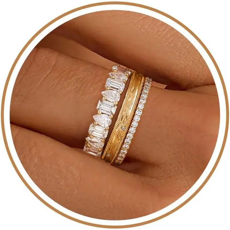 Stackable Gold Rings for Women Non Tarnish Chunky 14K Gold Plated Rings that Don't Tarnish Engagement Cubic Zirconia Ring Set Stack Dainty Pinky Wedding Bands Thumb Rings Gold Jewelry Size 6-11
