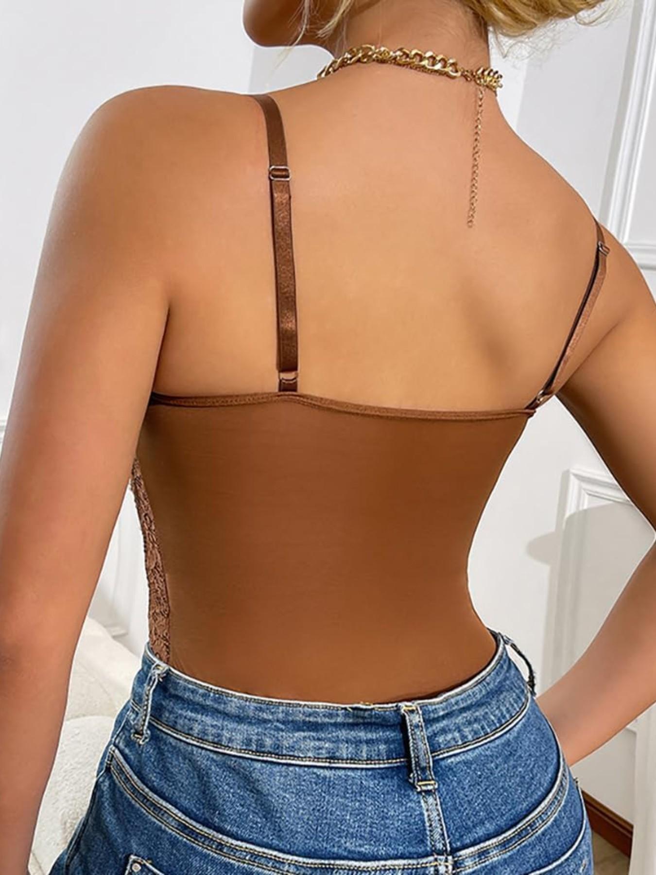 WindShape 1pcs Solid Color Lace Patchwork Bodysuit with Steel Ring Transparent Inner Tank Top Hollow Out Design Y2K Fishbone Style