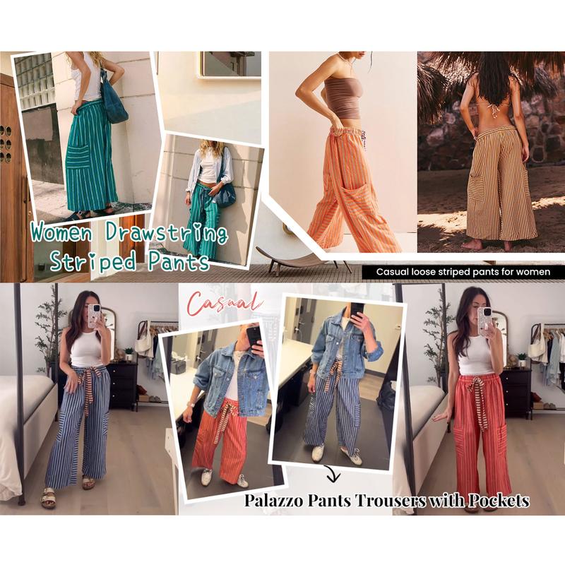 JovenPara Women's Drawstring Striped Wideleg Lounge Pants with Pockets Casual Bohemian Palazzo Trousers for Daily Wear Blue Boho Womenswear Bottom