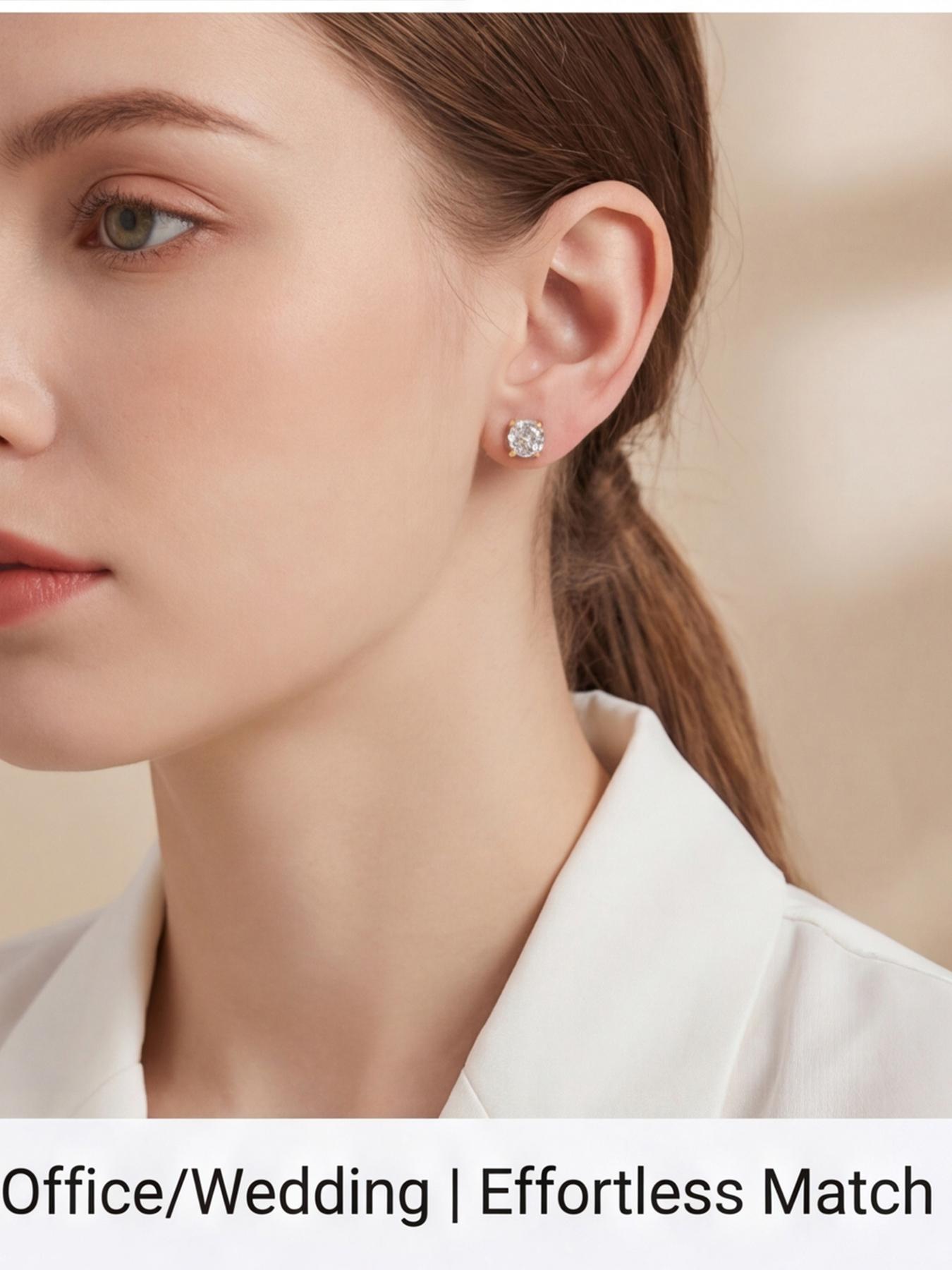 Women's Hypoallergenic Classic 4-Prong Round Cut Clear Crystal Stud Earrings, Gold Plated Solitaire CZ Diamond Stud Earrings, Timeless Minimalist Fashion Jewelry for Everyday Wear Office Wedding & Gift