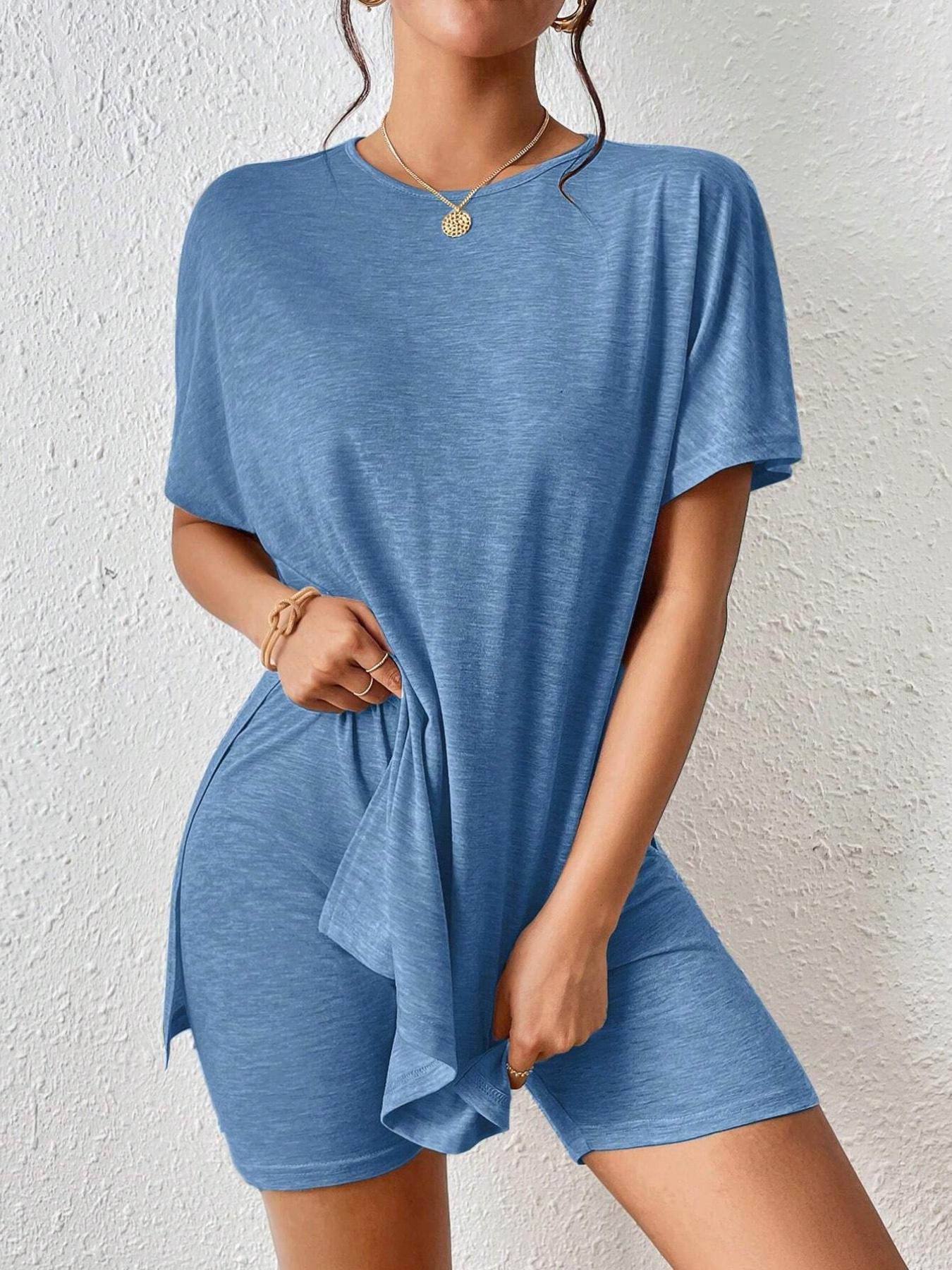 Women's Summer Casual Set, Plain Comfortable Split Two-Piece, Batwing Sleeve Round Neck T-Shirt + Tight Short Pants, Youthful Trendy