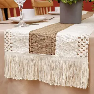 Boho Burlap Macrame Table Runner - 72x12 in Hand-Woven Cotton Linen Fabric with Hollow Stripes, Tasseled Ends, Boho Farmhouse Home Decor for Indoor Recreation Use Towel