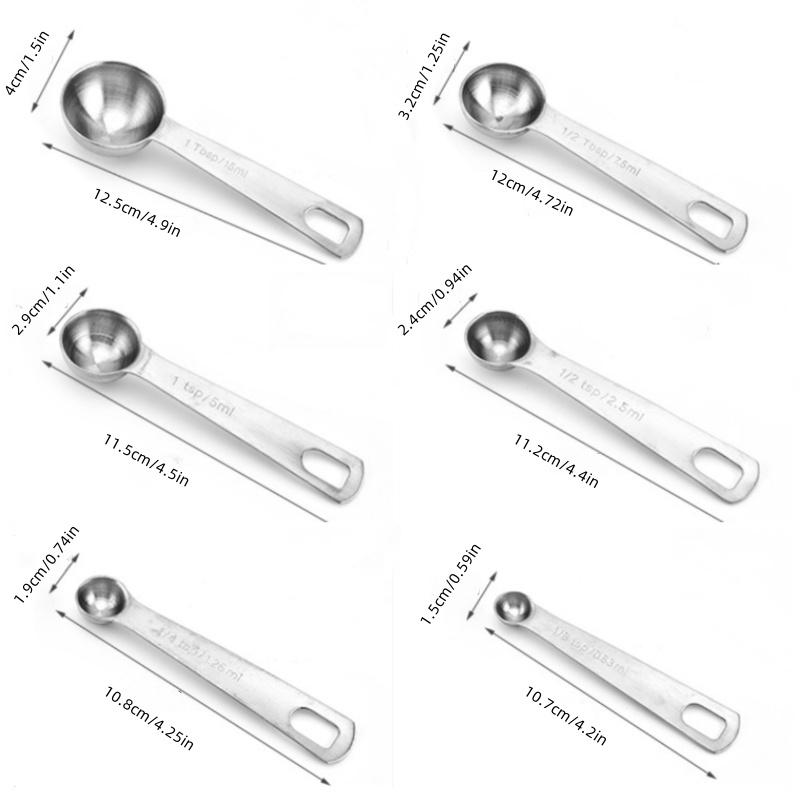 6 Piece Stainless Steel Measuring Spoons Set, Us and Metric Units, Detachable Ring, Dishwasher Safe, Includes 1tbsp, 1tsp, 1/2tbsp, 1/2tsp, 1/4tsp, 1/8tsp.Simplify your kitchen routine with measuring spoons that are dishwasher safe and quick to clean