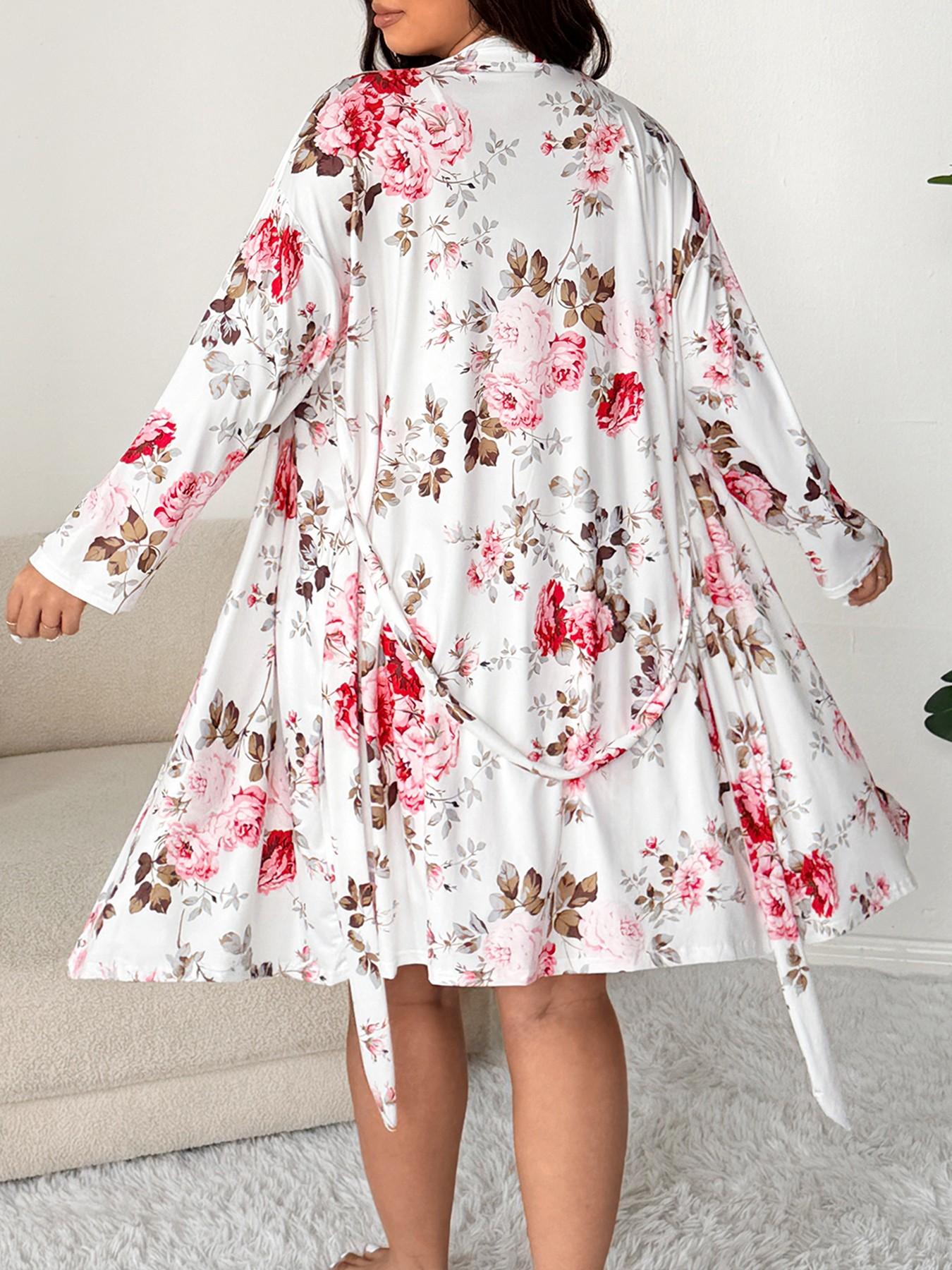 【Plus Size】 Floral Print Lace Trim Cami Nightdress & Open Front Long Sleeve Robe Two-piece Set, Casual Comfy Pyjama Set for Women, Women's Sleepwear for Spring & Fall