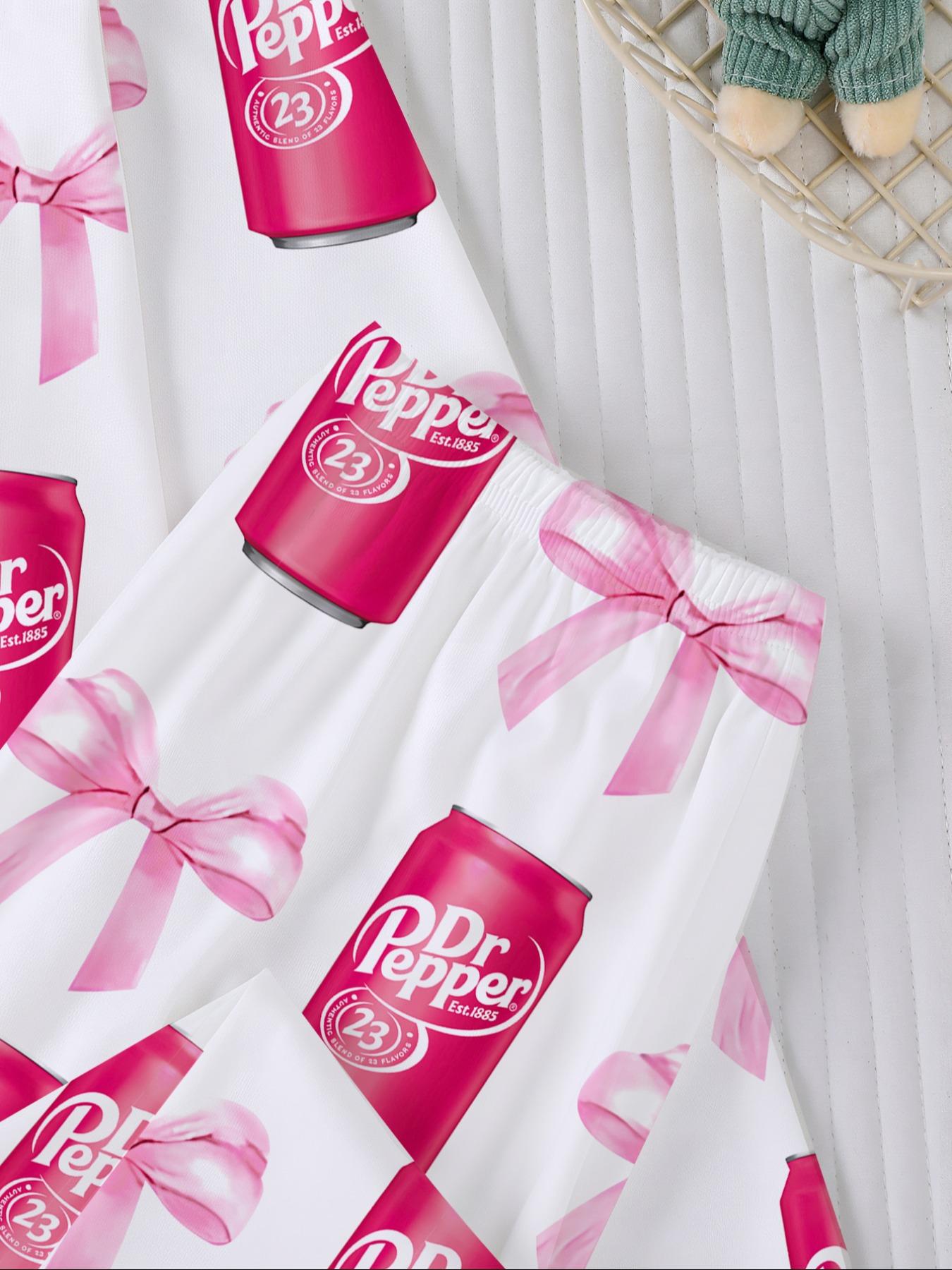 Dr Pepper Soda Bottle Bow Print Long Sleeve Pajama Set, Comfortable Fireproof Sleepwear, Loungewear, Fall Winter Home Wear, 2 Piece Set