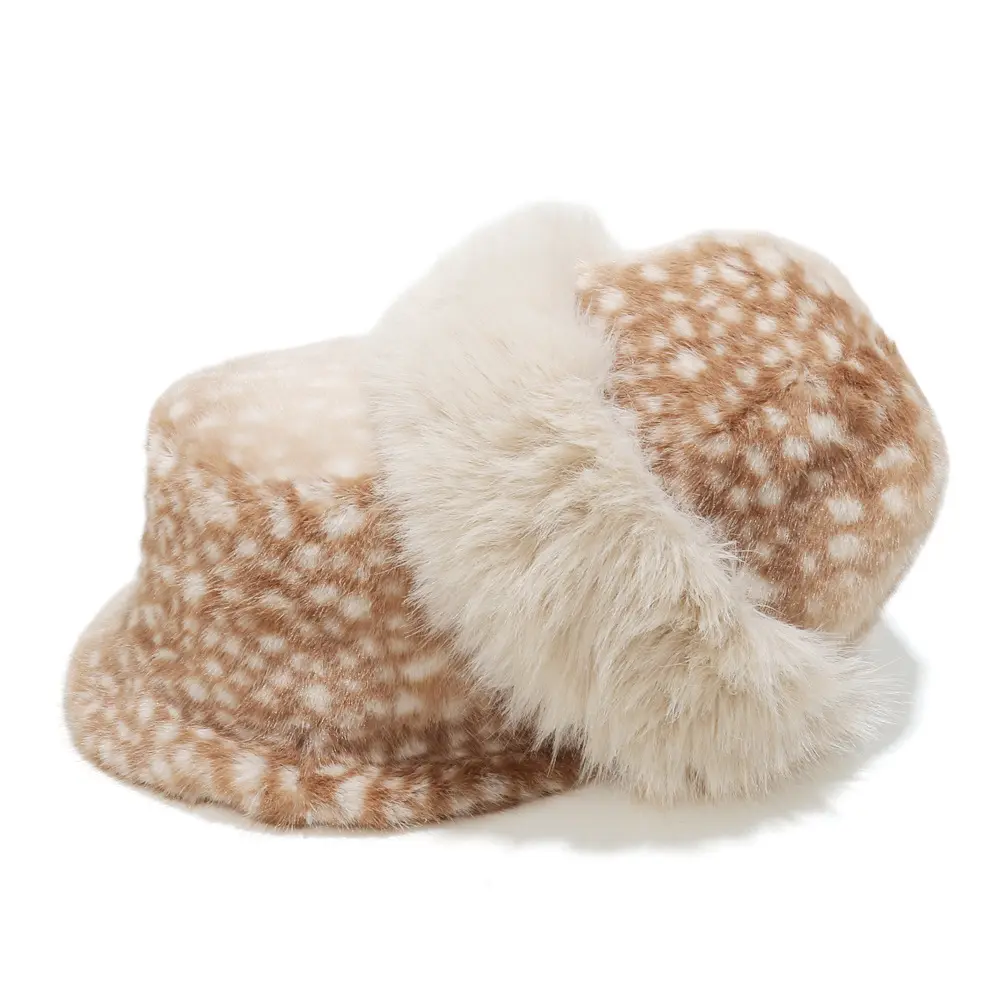 Vintage Spotted Deer Pattern Plush Winter Hat Women Soft Faux Fur Bear Ears Fisherman Bucket Hat Russian Ushanka Style Warm Skull Cap Cottagecore