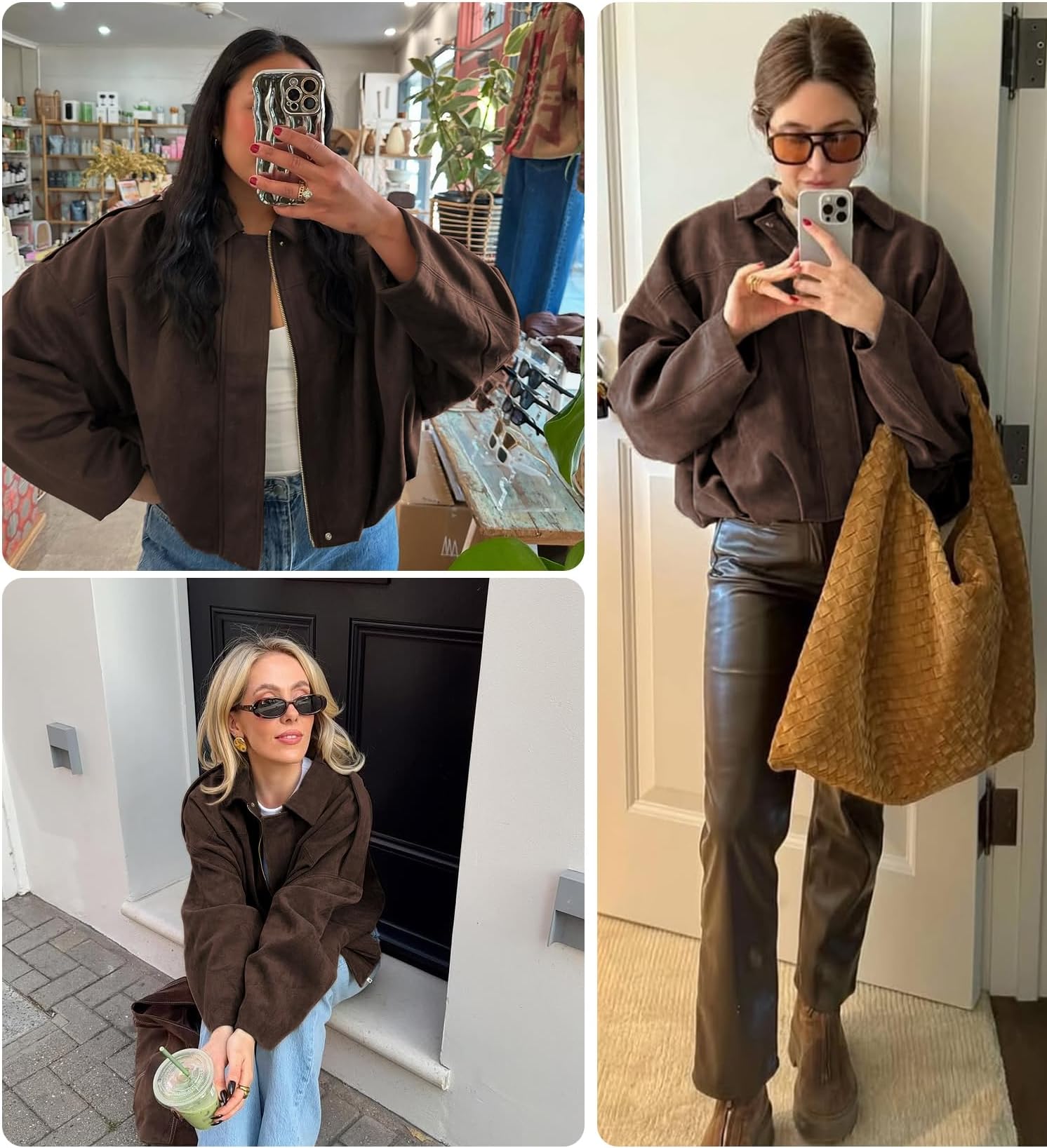 Buenoble Women's Faux Suede Bomber Jackets Cropped Fall Winter Lapel Motorcycle Coats Streetwear Outerwear with Pockets Tops Womenswear Basic Brown Casual Long Sleeve