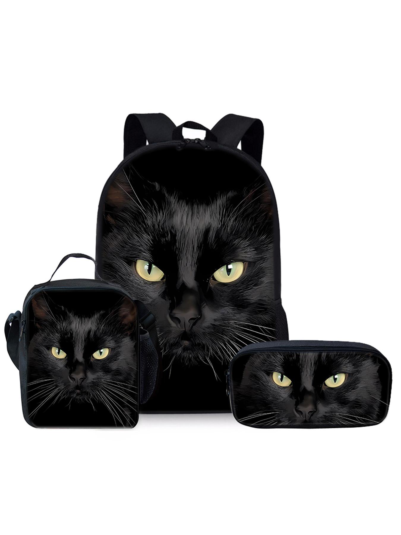 Black cat pattern printed 17-inch backpack three-piece set (single-layer backpack + shoulder strap lunch bag + single-layer pencil bag)