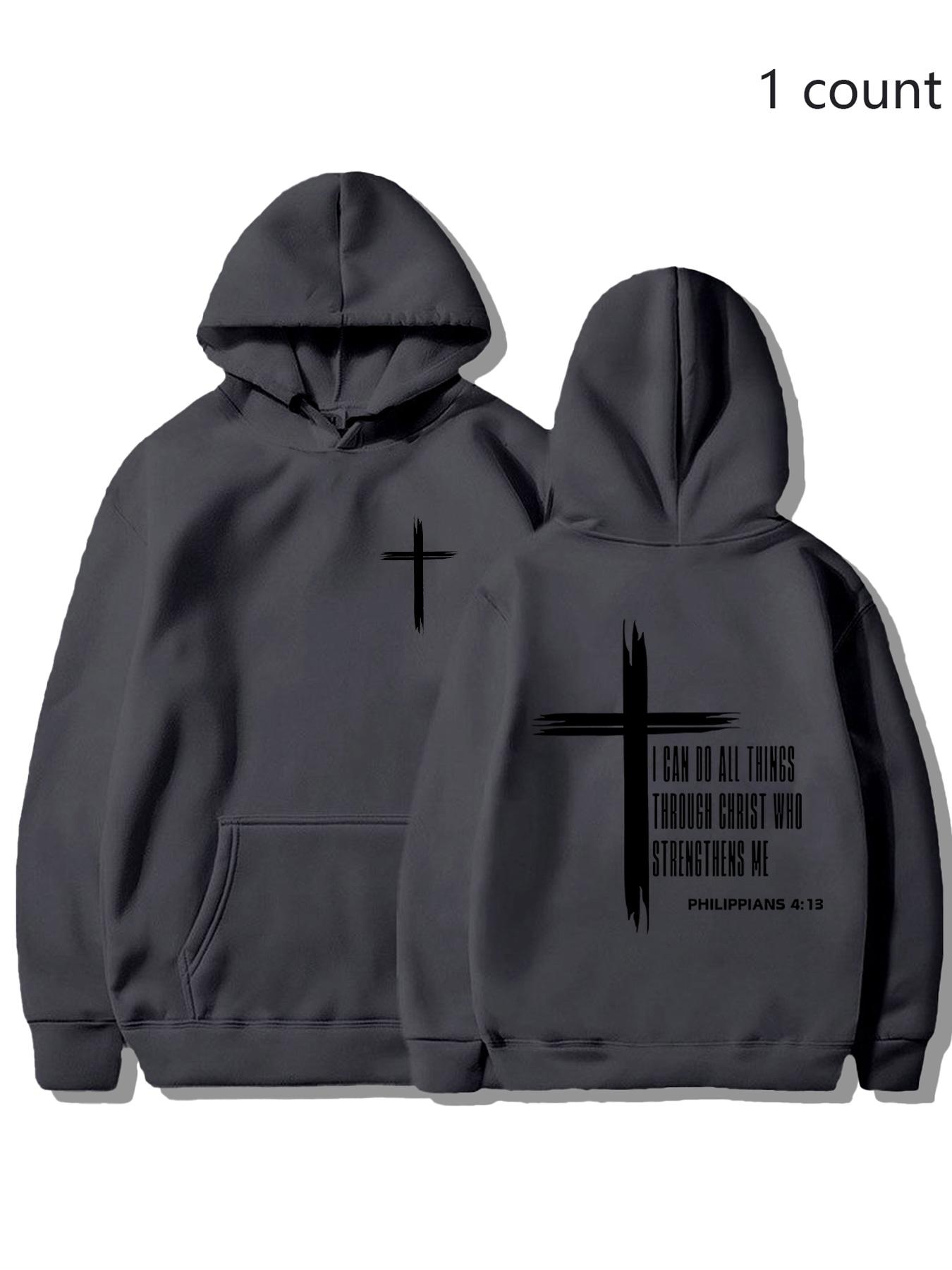 Christian Cross Hoodie, Philippians 4:13 Bible Verse Sweatshirt, Unisex Design Faith Inspiring Fitted Pullover Jacket, Casual Fall & Winter Wear