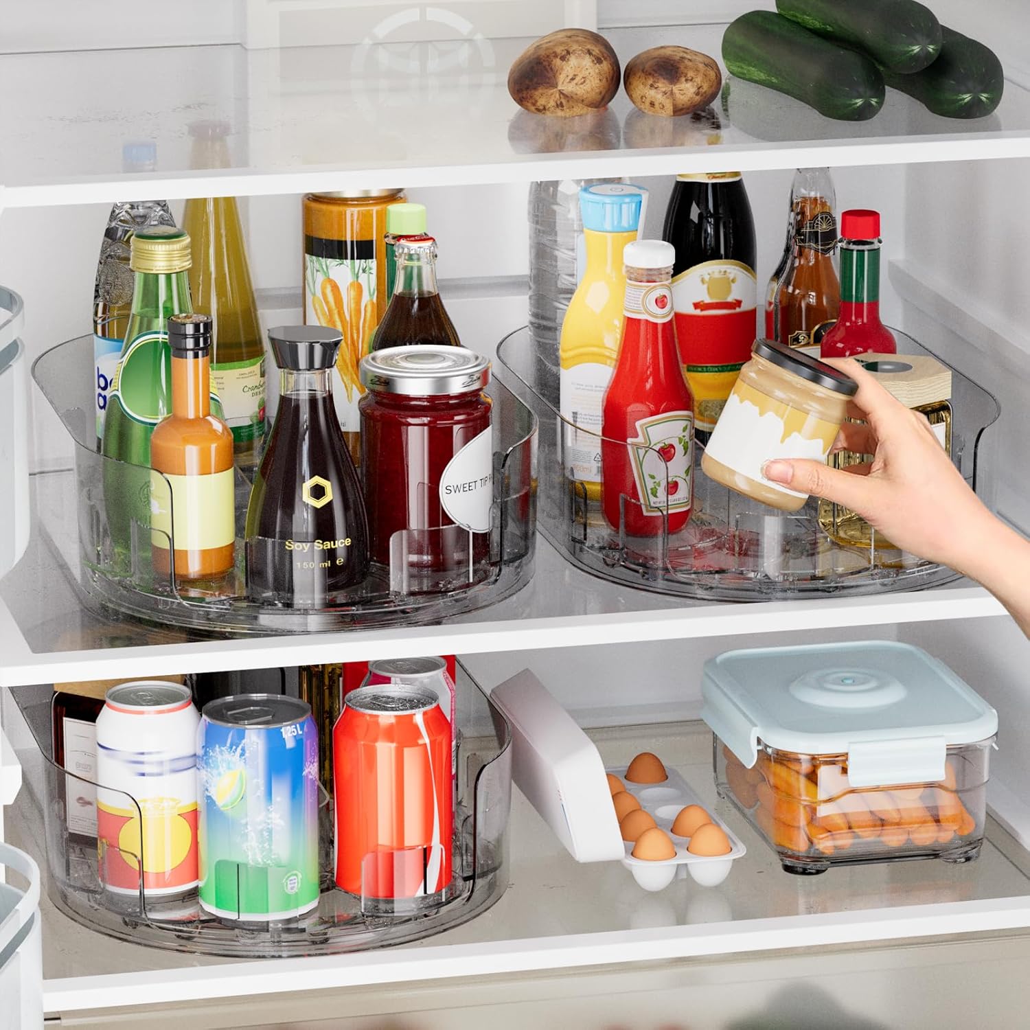 Rotating Refrigerator Storage Rack, 360° Rotating Spice Rack, Soft Drink can Storage Rack, Rotating Refrigerator Tray,Suitable for Refrigerator Storage, Kitchen, Desktop, Cabinet, and Food Storage Compartments.