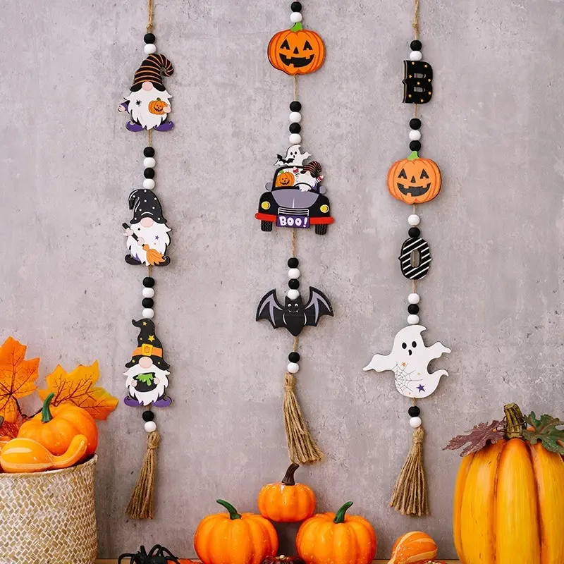 American Style 35x12cm Wooden Beads Halloween Hanging Sign, Witch-Pumpkin-Bat Spooky Icons Pendant, Home Party Décor for Wall & Door Ornament