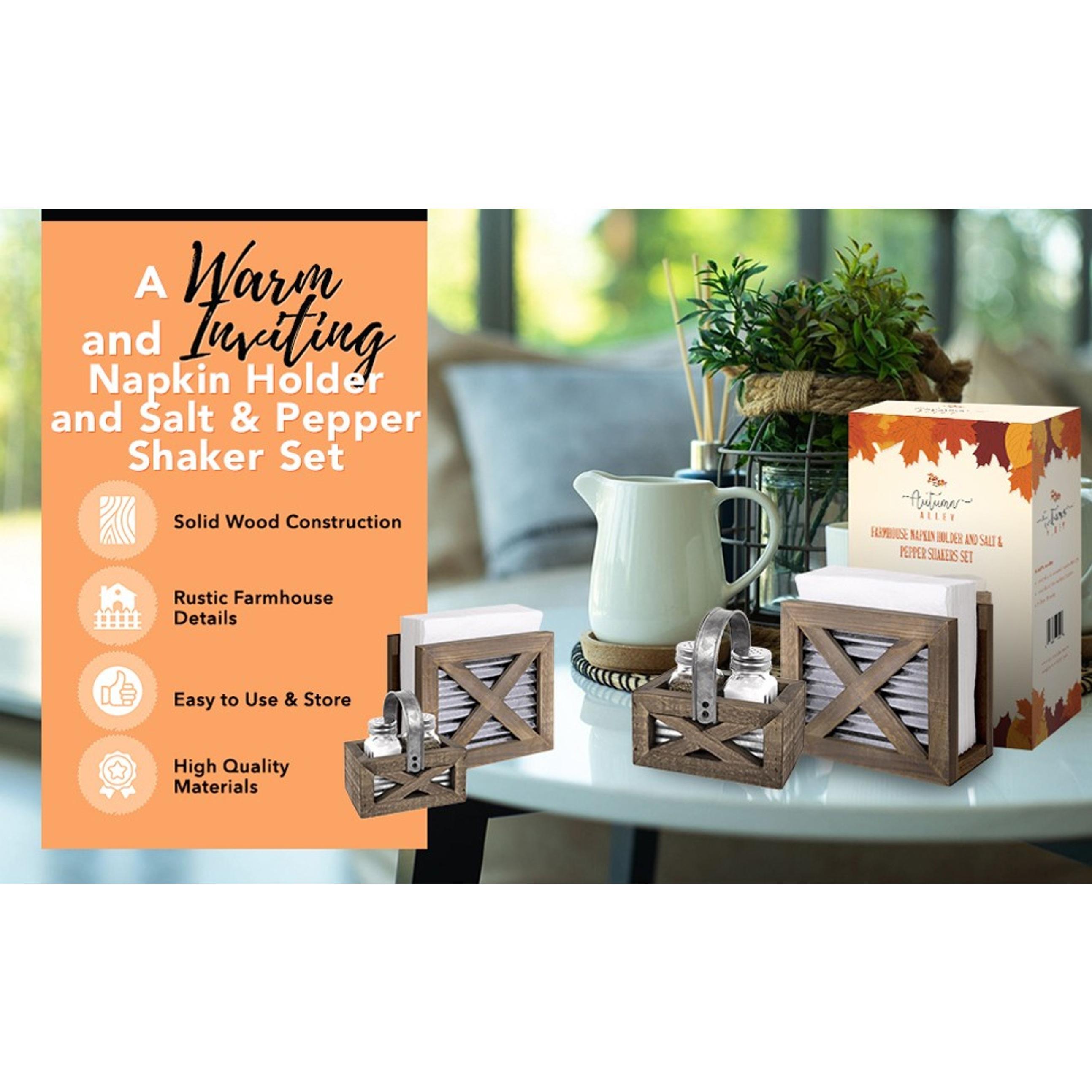 Farmhouse Napkin Holder and Adorable Farmhouse Salt and Pepper Shakers Set With Wood Holder - Western Kitchen, Galvanized Metal - Upright Rustic Napkin Holder Rustic Kitchen Décor (Brown)