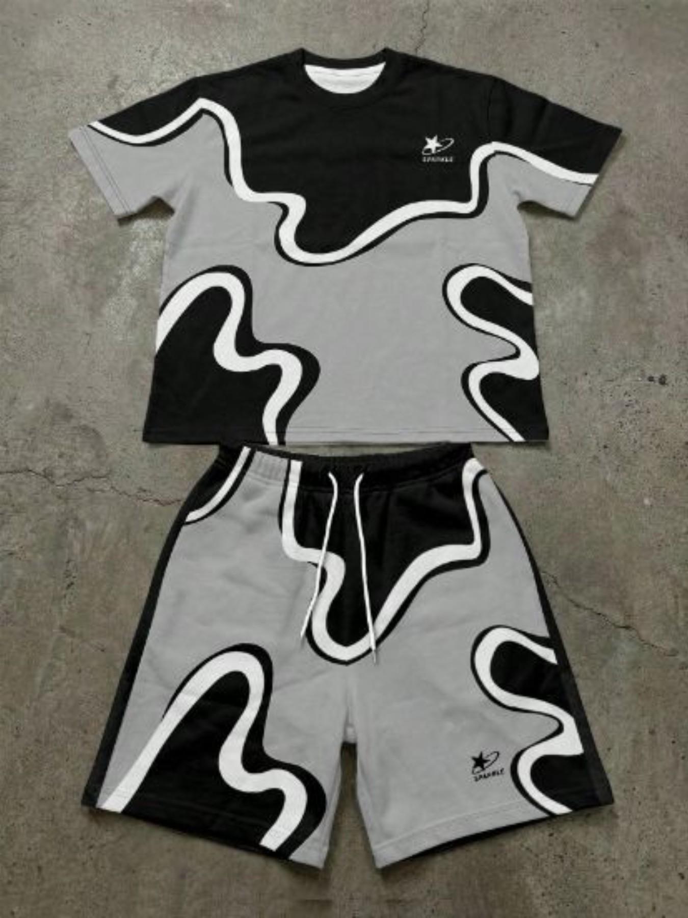 Summer 2-Piece Set for Men, Casual Patchwork T-Shirt & Shorts, Short Sleeve, Above the Knee, All over Print, Perfect for Summer