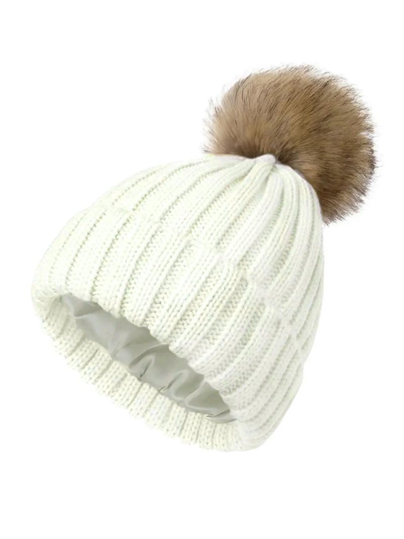 Unisex Plain Striped Beanie Hat, Satin Lined Knit Cap with Pom Pom, Warm Comfortable Windproof Winter Accessory, No Tag Design, Knitted Winter Hat