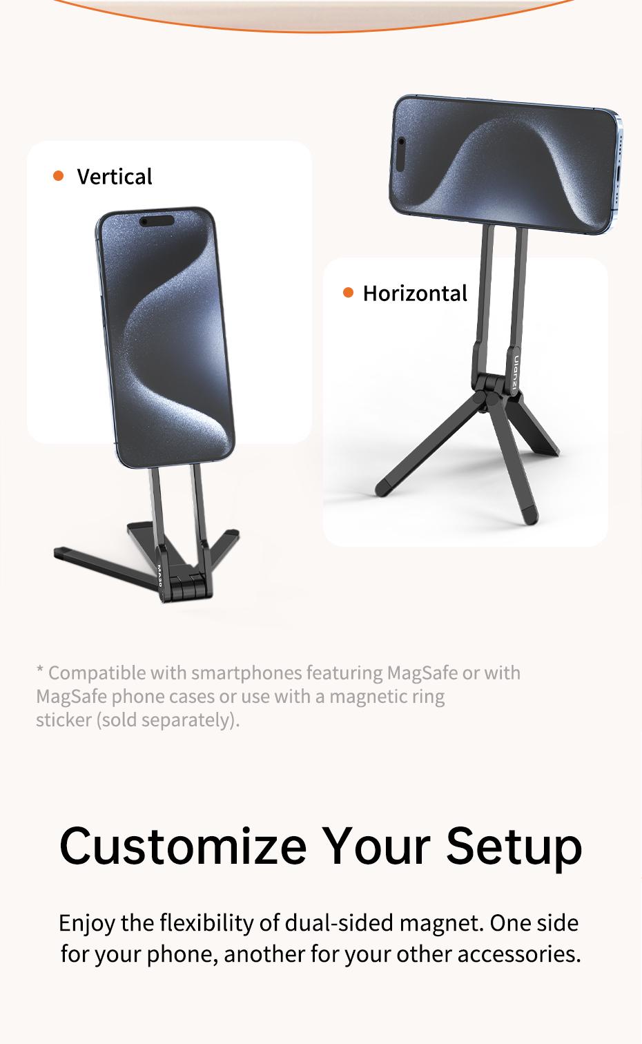 ULANZI MA30 Magnetic Phone Tripod Stand for iPhone - Aluminium Smartphone Mini Tripod Foldable Pocket Cell Phone Stand Dual-Sided Magnet Quick Mount Compatible with iPhone 16 15 14 13 12 Magsafe