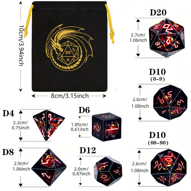 7-Piece Flame Dragon D&d Dice Set, Polyhedral D4 D6 D8 D10 D12 D20 Dice with Velvet Bag, Ideal for Rpgs, Perfect Gift for Birthdays and Holidays